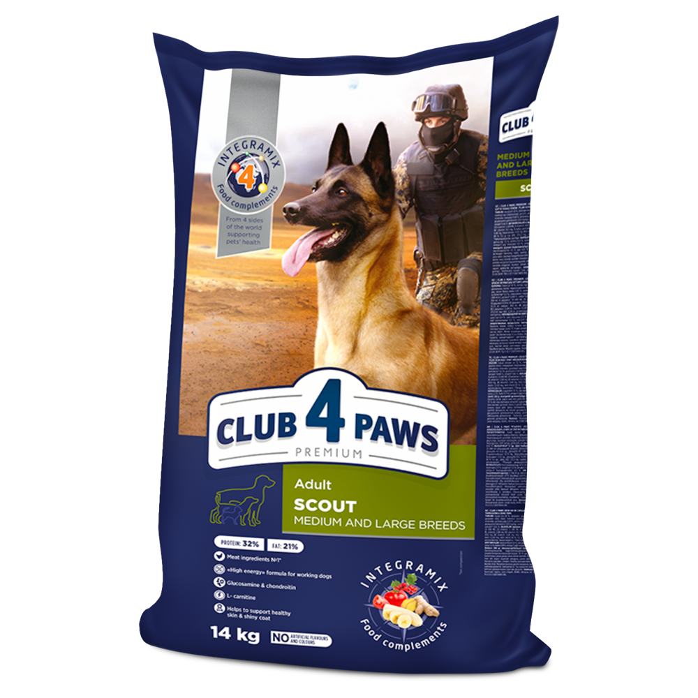 Club4Paws sausas šunų maistas Scout, vidutinių ir didelių veislių šunims SU VIŠTIENA 14kg