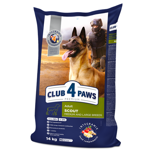 Club4Paws sausas šunų maistas Scout, vidutinių ir didelių veislių šunims SU VIŠTIENA 14kg