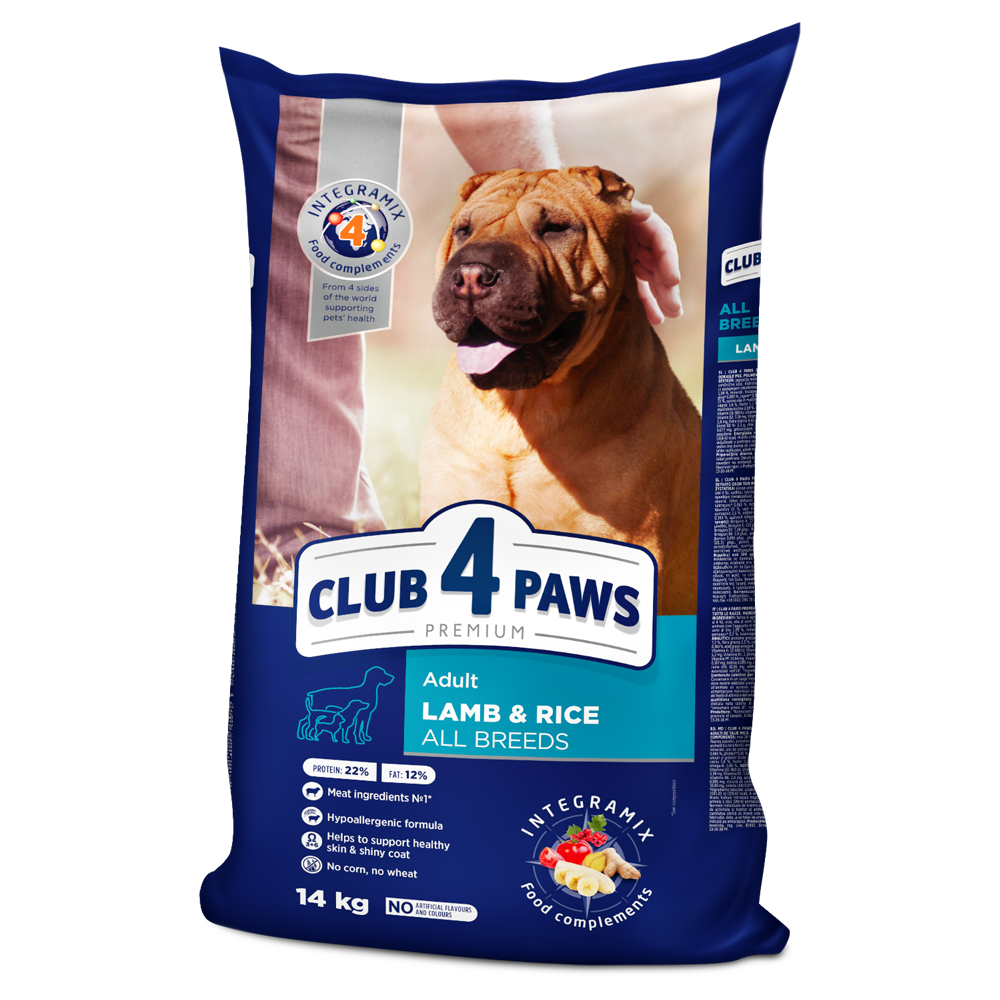 Club4Paws sausas šunų maistas SU ĖRIENA IR RYŽIAIS, suaugusiems visų veislių šunims. 14kg