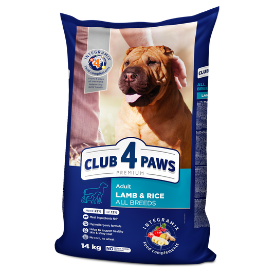 Club4Paws sausas šunų maistas SU ĖRIENA IR RYŽIAIS, suaugusiems visų veislių šunims. 14kg