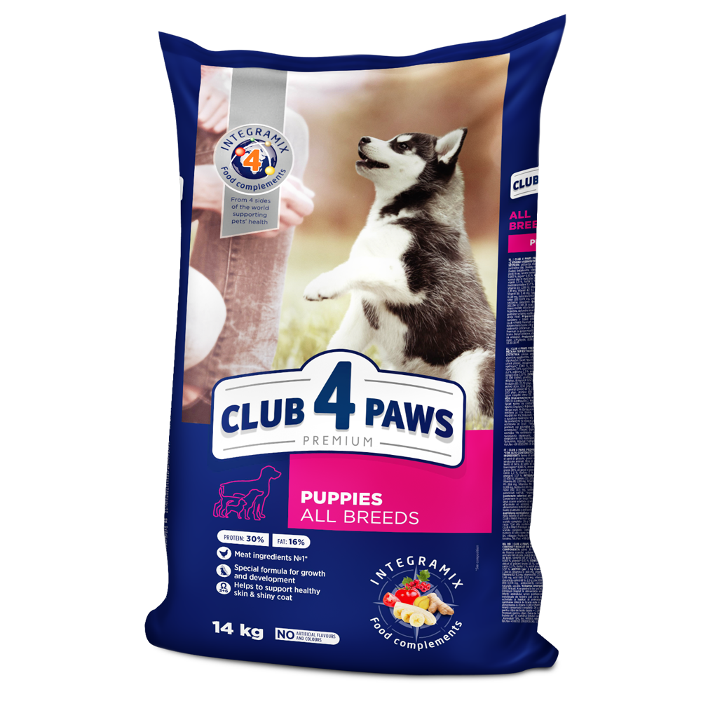 Club4Paws sausas šunų maistas su dideliu kiekiu VIŠTIENOS, visų veislių šuniukams. 14kg