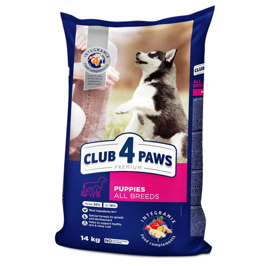 Club4Paws sausas šunų maistas su dideliu kiekiu VIŠTIENOS, visų veislių šuniukams. 14kg
