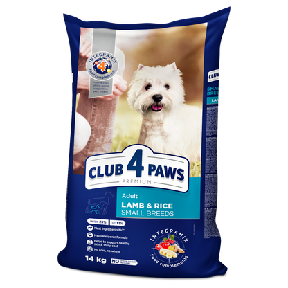 Club4Paws sausas šunų maistas SU ĖRIENA IR RYŽIAIS, suaugusiems mažų veislių šunims. 14kg